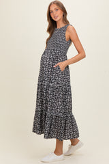 Black Floral Smocked Sleeveless Tiered Maternity Maxi Dress