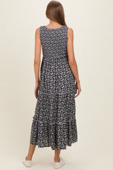 Black Floral Smocked Sleeveless Tiered Maternity Maxi Dress