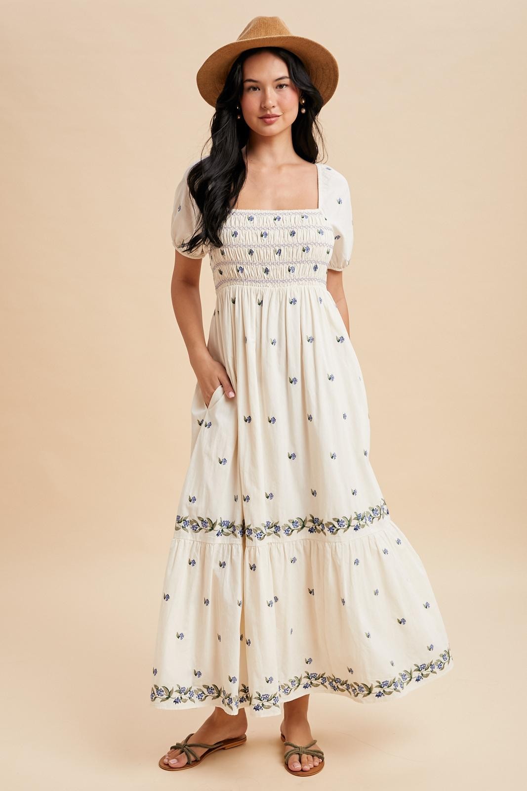 Buttercream Smocked Embroidered Floral Maternity Maxi Dress