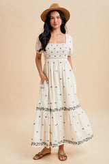 Buttercream Smocked Embroidered Floral Maternity Maxi Dress