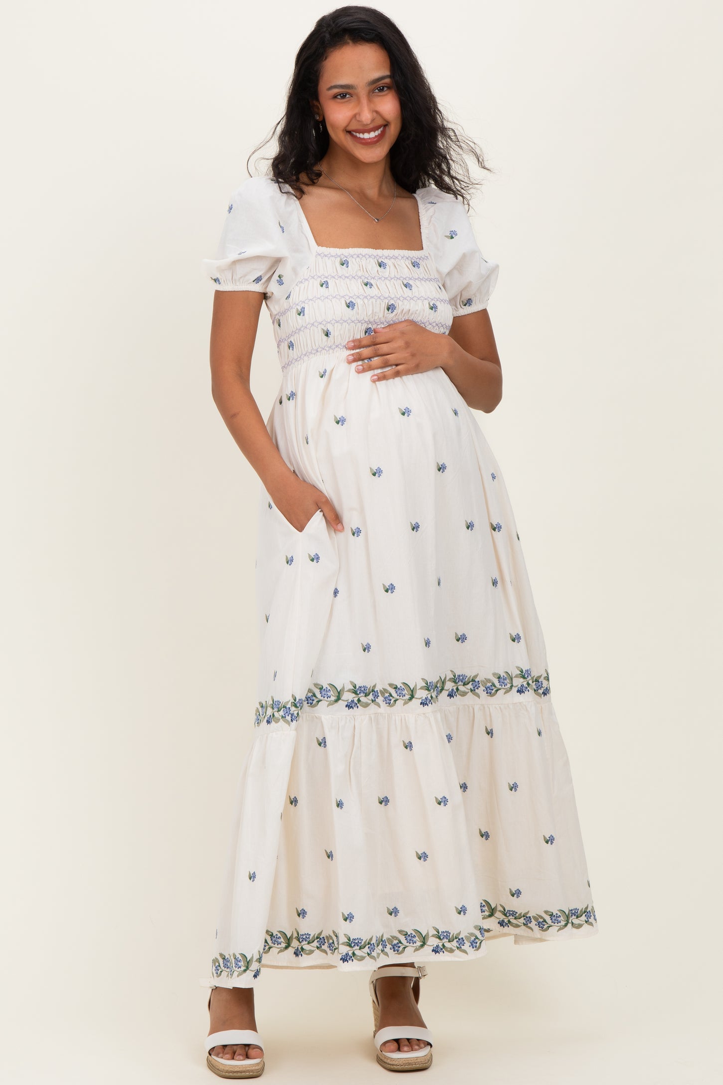 Buttercream Smocked Embroidered Floral Maternity Maxi Dress