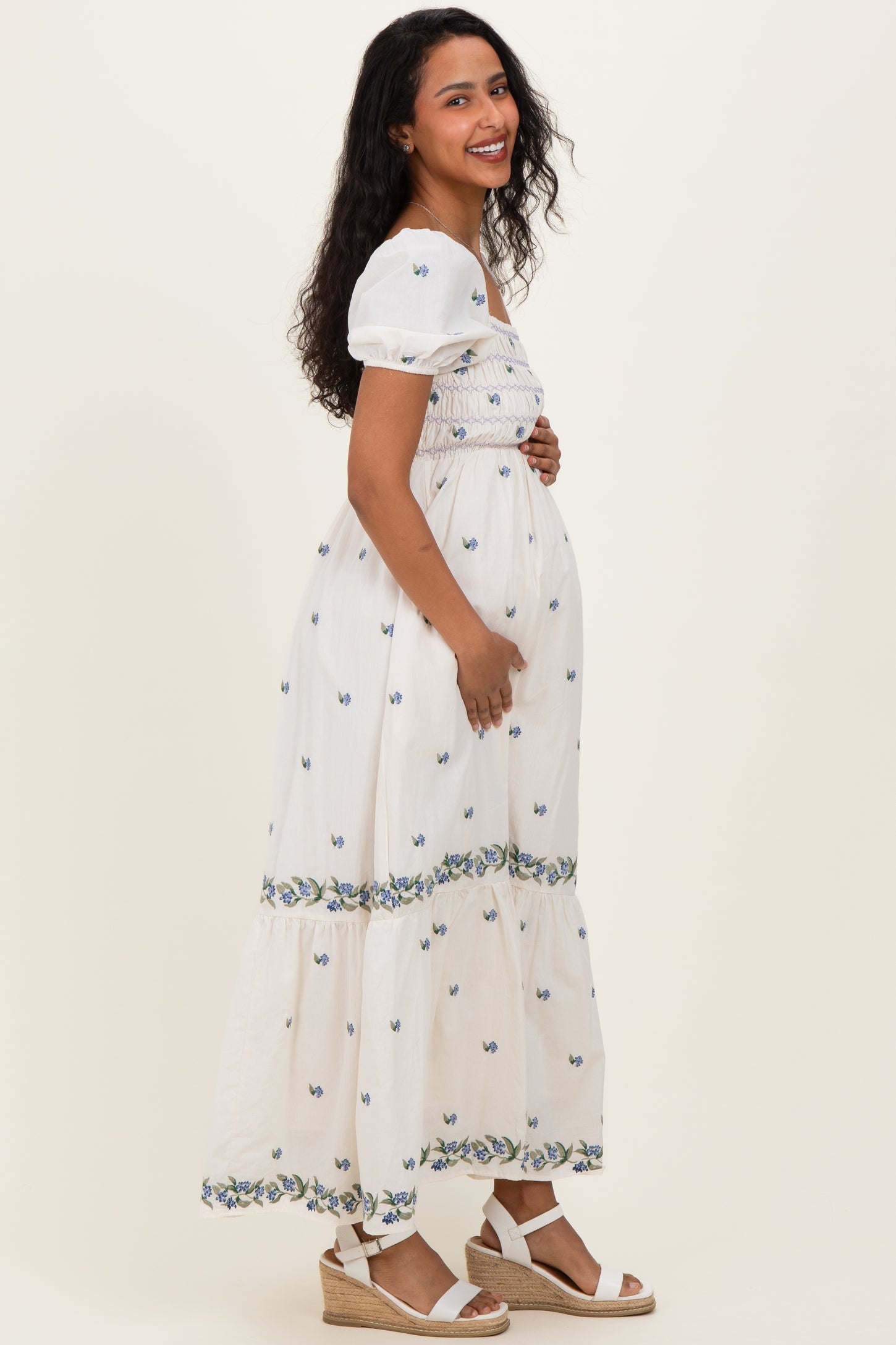 Buttercream Smocked Embroidered Floral Maternity Maxi Dress