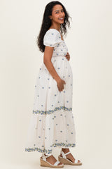 Buttercream Smocked Embroidered Floral Maternity Maxi Dress