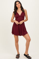 Dark Burgundy Ribbed Scallop Hem Swim Dress