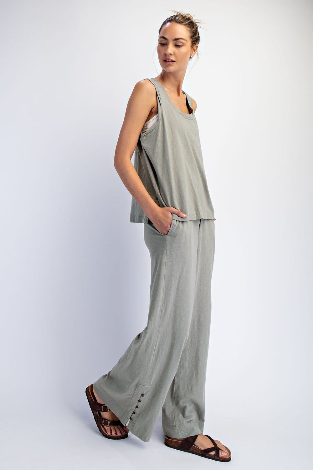 Sage Button Detail Tank Wide Leg Pant Set