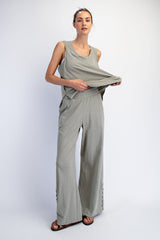 Sage Button Detail Tank Wide Leg Pant Set