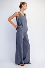 Grey Button Detail Tank Wide Leg Pant Set