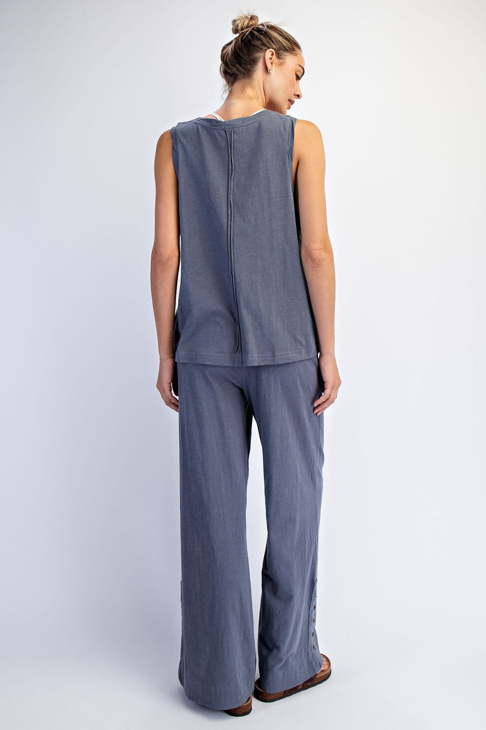 Grey Button Detail Tank Wide Leg Pant Set