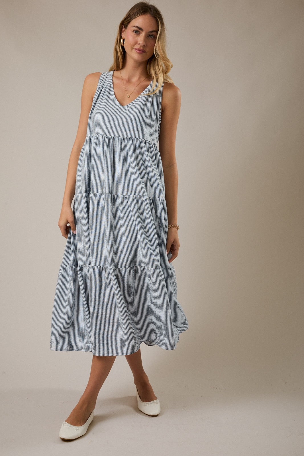 Blue Striped V-Neck Sleeveless Tiered Midi Dress
