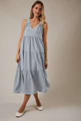 Blue Striped V-Neck Sleeveless Tiered Midi Dress