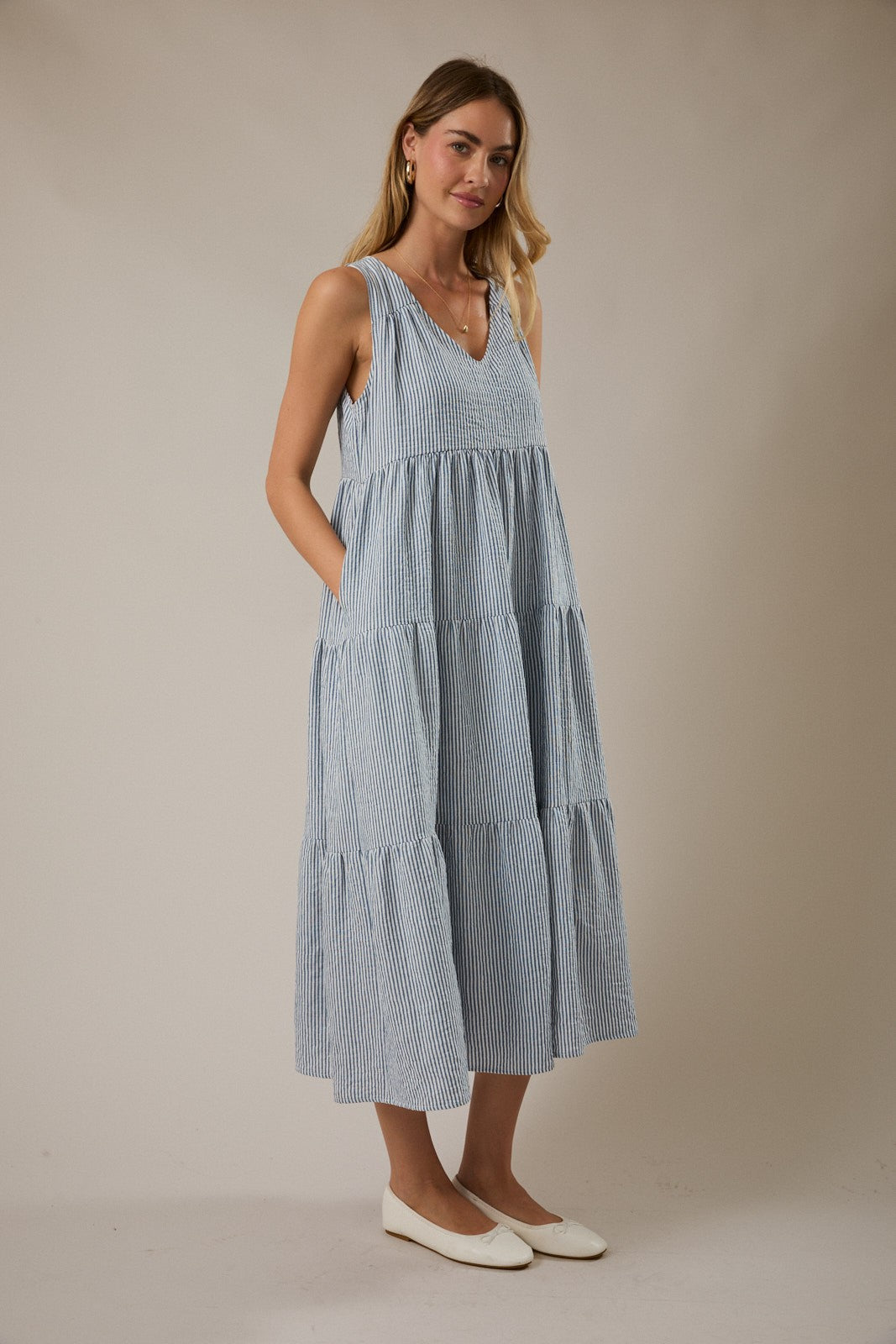 Blue Striped V-Neck Sleeveless Tiered Midi Dress