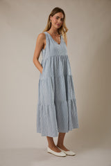 Blue Striped V-Neck Sleeveless Tiered Midi Dress