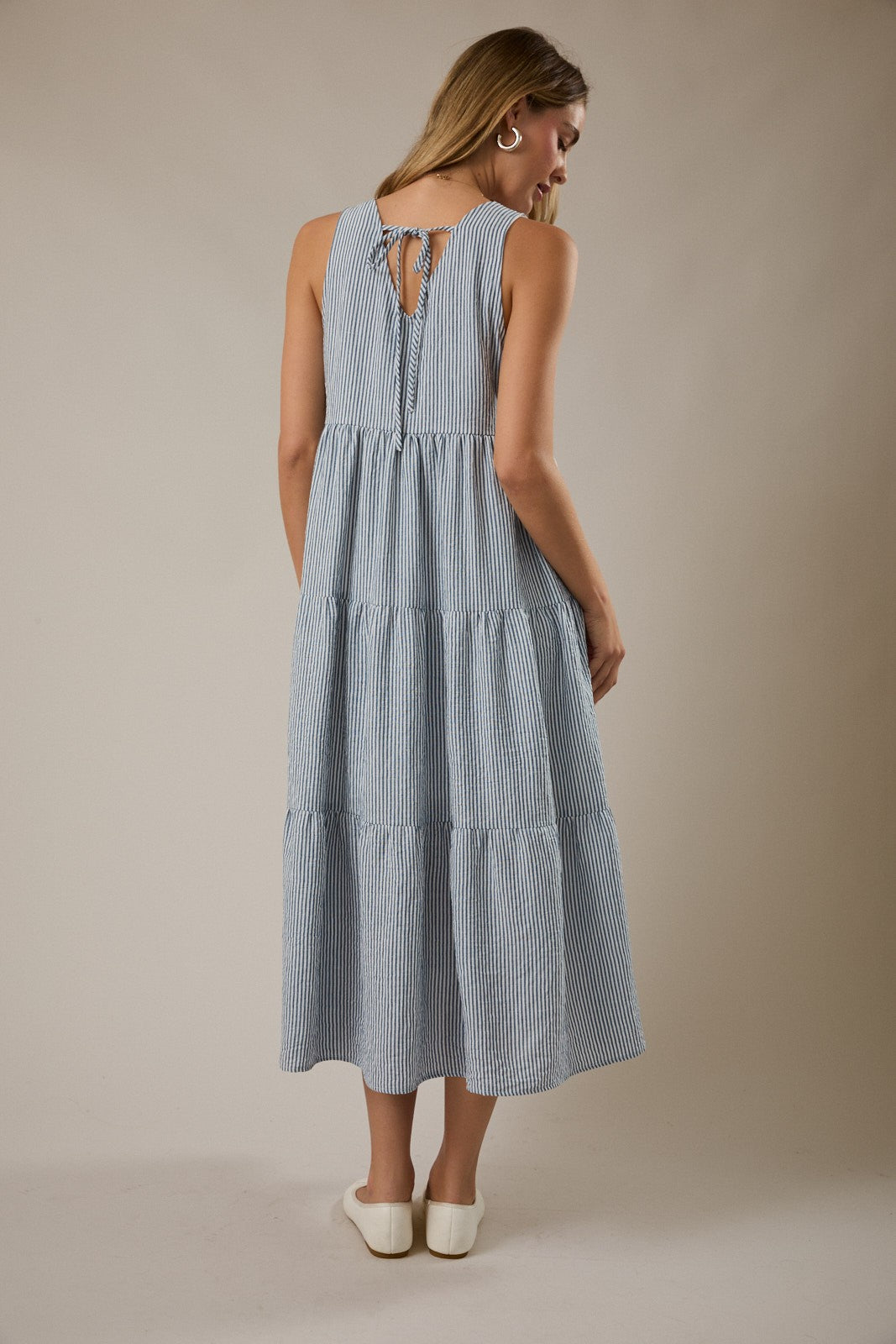 Blue Striped V-Neck Sleeveless Tiered Midi Dress