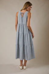 Blue Striped V-Neck Sleeveless Tiered Midi Dress