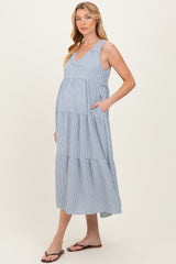 Blue Striped V-Neck Sleeveless Tiered Maternity Midi Dress