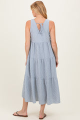 Blue Striped V-Neck Sleeveless Tiered Maternity Midi Dress