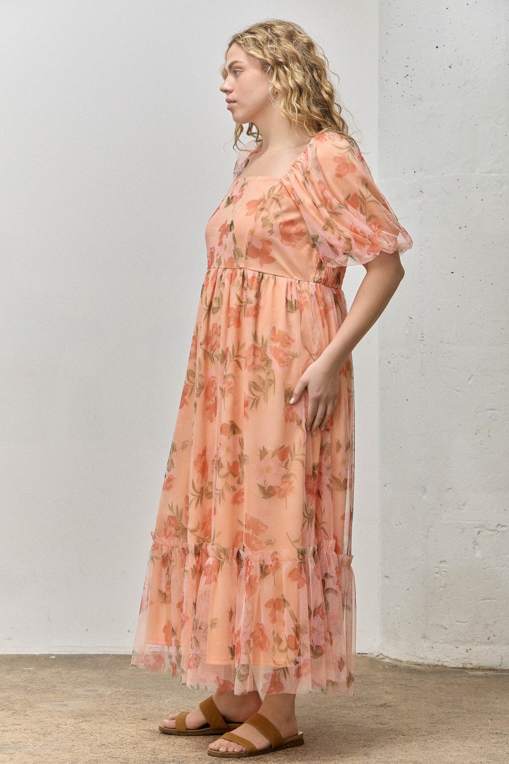 Coral Floral Puff Sleeve Plus Maxi Dress