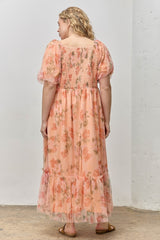 Coral Floral Puff Sleeve Plus Maxi Dress