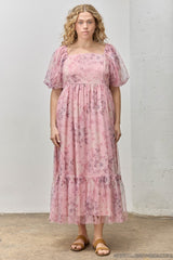 Pink Floral Printed Tulle Puff Sleeve Maternity Plus Midi Dress