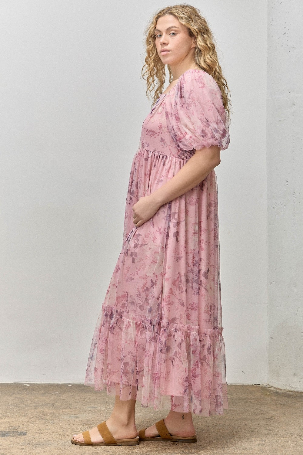Pink Floral Printed Tulle Puff Sleeve Plus Midi Dress