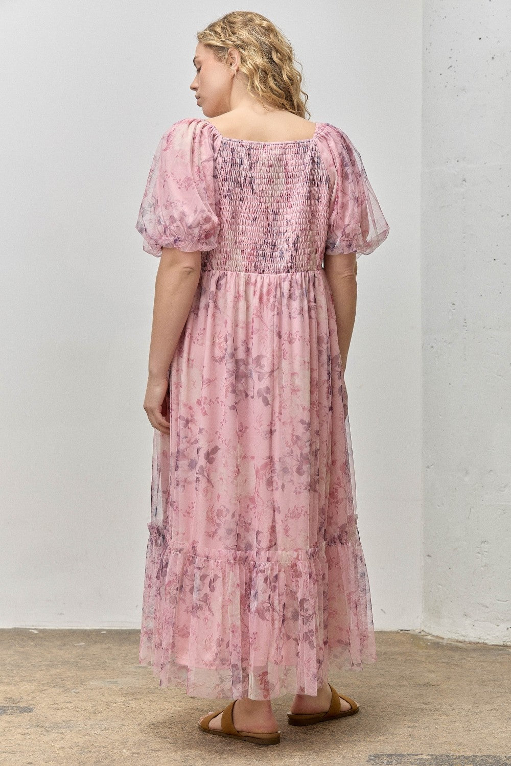 Pink Floral Printed Tulle Puff Sleeve Plus Midi Dress
