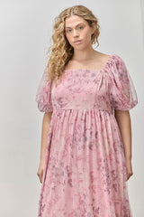 Pink Floral Printed Tulle Puff Sleeve Plus Midi Dress