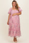 Pink Floral Printed Tulle Puff Sleeve Maternity Plus Midi Dress