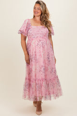 Pink Floral Printed Tulle Puff Sleeve Maternity Plus Midi Dress