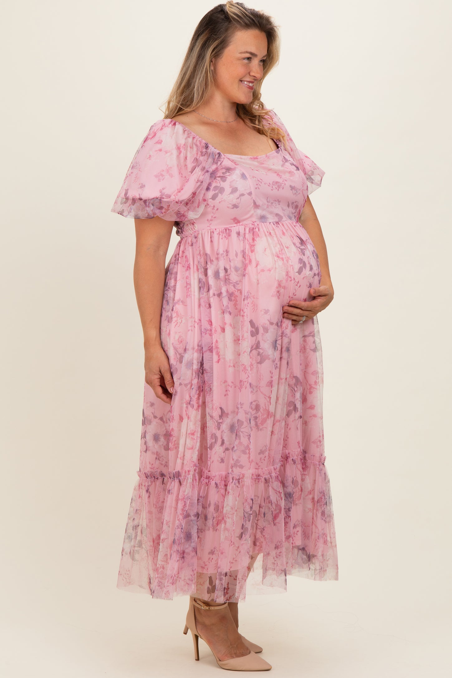 Pink Floral Printed Tulle Puff Sleeve Maternity Plus Midi Dress