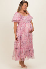 Pink Floral Printed Tulle Puff Sleeve Maternity Plus Midi Dress
