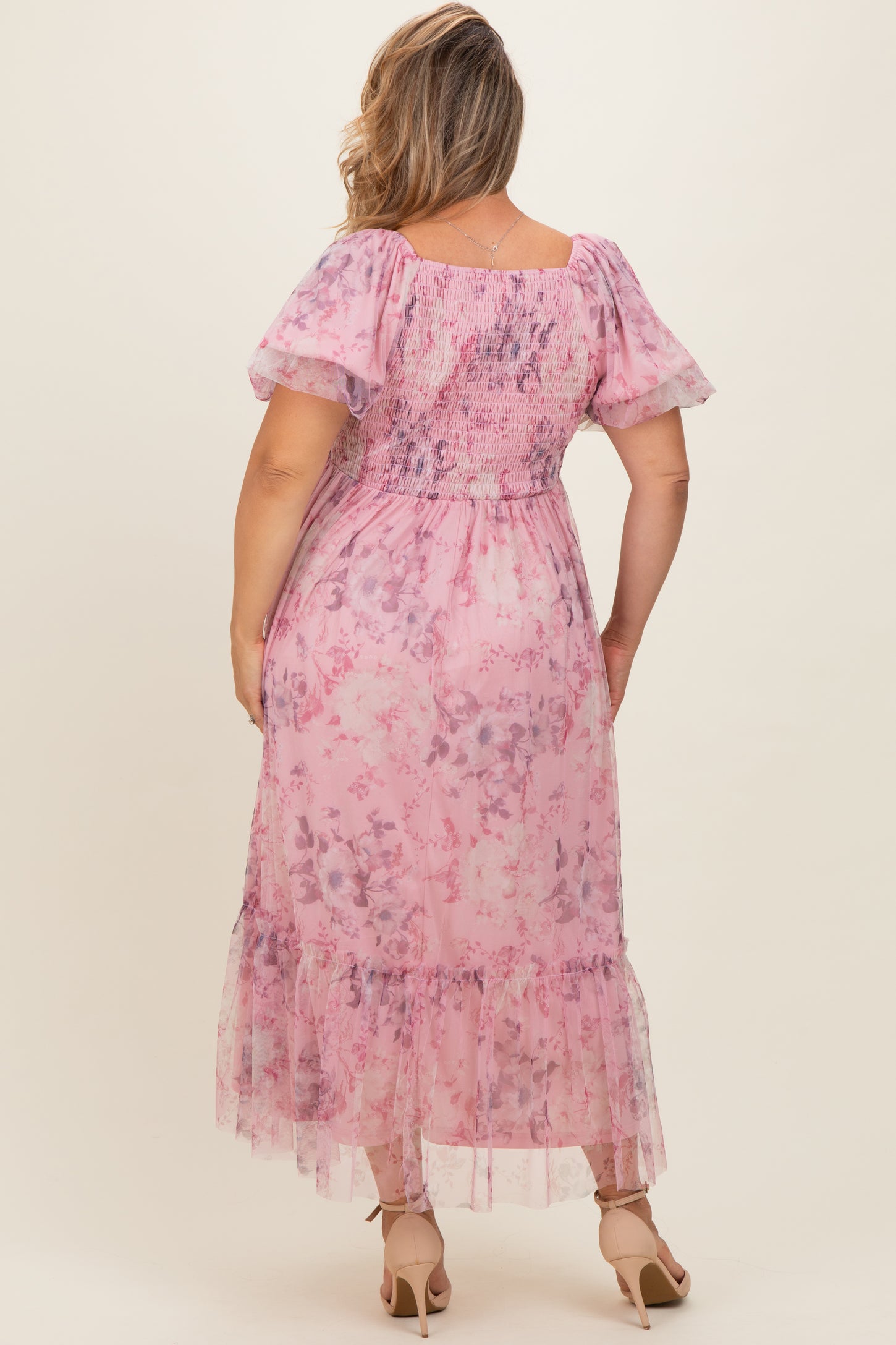 Pink Floral Printed Tulle Puff Sleeve Maternity Plus Midi Dress