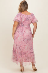 Pink Floral Printed Tulle Puff Sleeve Maternity Plus Midi Dress