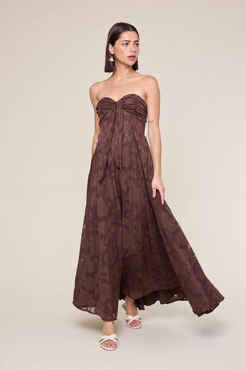 Brown Floral Jacquard Strapless Open Back Maternity Maxi Dress
