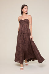 Brown Floral Jacquard Strapless Open Back Maternity Maxi Dress