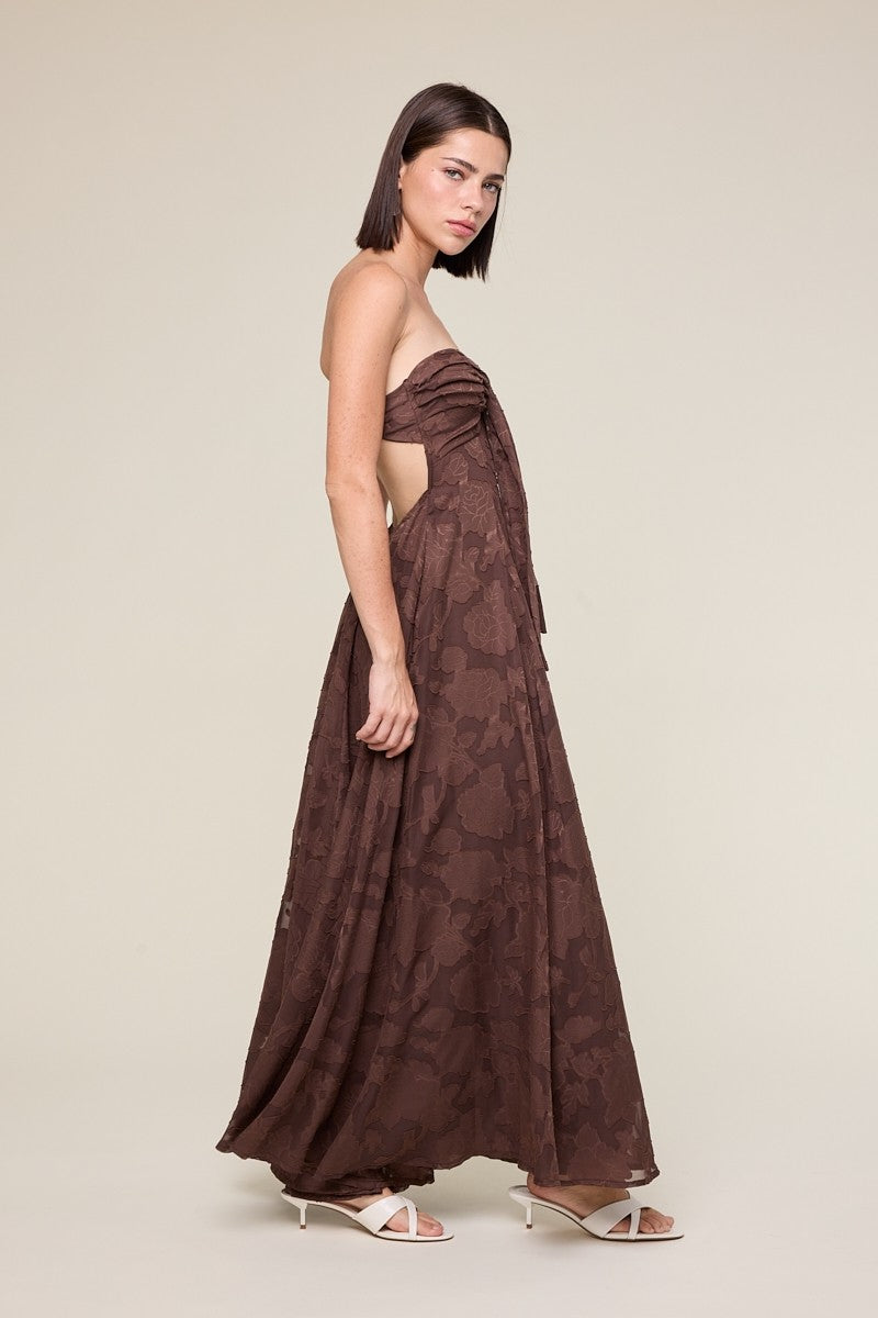 Brown Floral Jacquard Strapless Open Back Maxi Dress