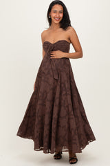 Brown Floral Jacquard Strapless Open Back Maternity Maxi Dress