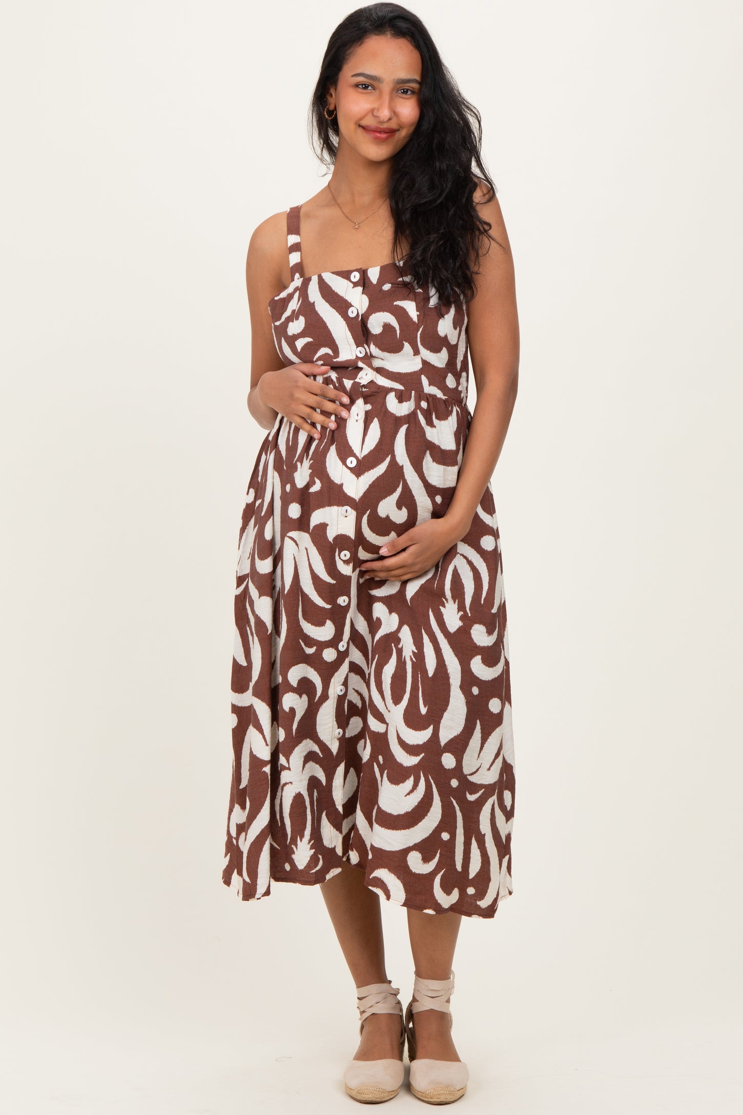 Brown Printed Button Down Sleeveless Maternity Midi Dress