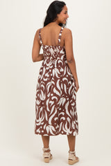 Brown Printed Button Down Sleeveless Maternity Midi Dress