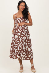 Brown Printed Button Down Sleeveless Maternity Midi Dress