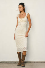 Cream Lace Ruffle Accent Sleeveless Midi Dress