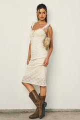 Cream Lace Ruffle Accent Sleeveless Midi Dress