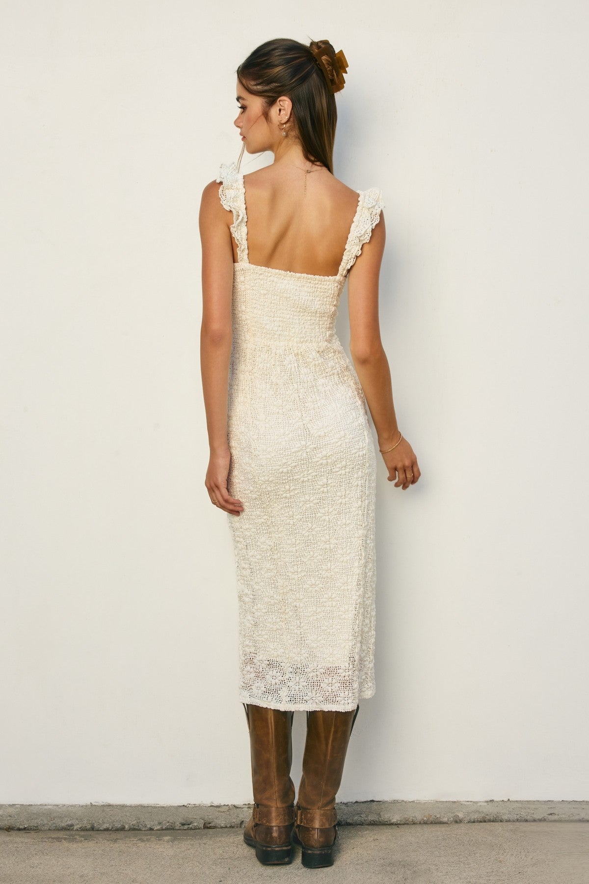 Cream Lace Ruffle Accent Sleeveless Midi Dress