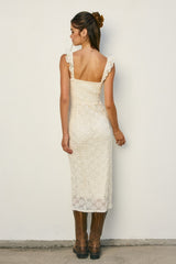 Cream Lace Ruffle Accent Sleeveless Midi Dress