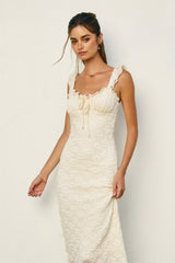 Cream Lace Ruffle Accent Sleeveless Midi Dress