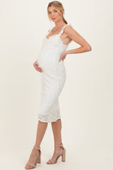 Cream Lace Ruffle Accent Sleeveless Maternity Midi Dress