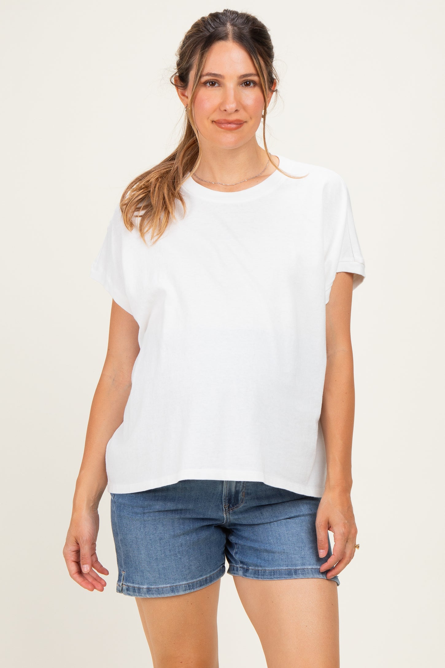 Medium Denim Slit Hem Denim Maternity Shorts