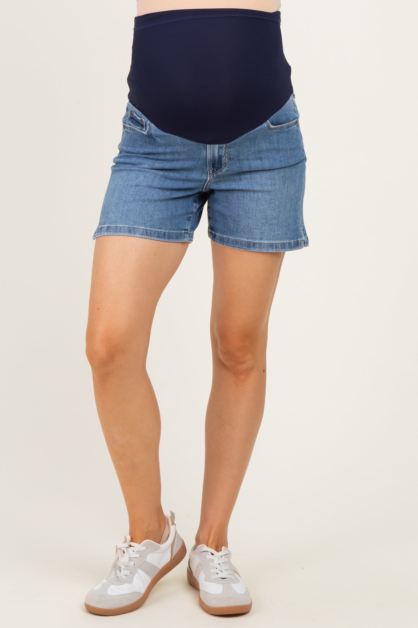 Medium Denim Slit Hem Denim Maternity Shorts