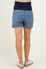 Medium Denim Slit Hem Denim Maternity Shorts