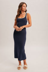 Navy Contrast Stitch Detail Ribbed Sweater Dress