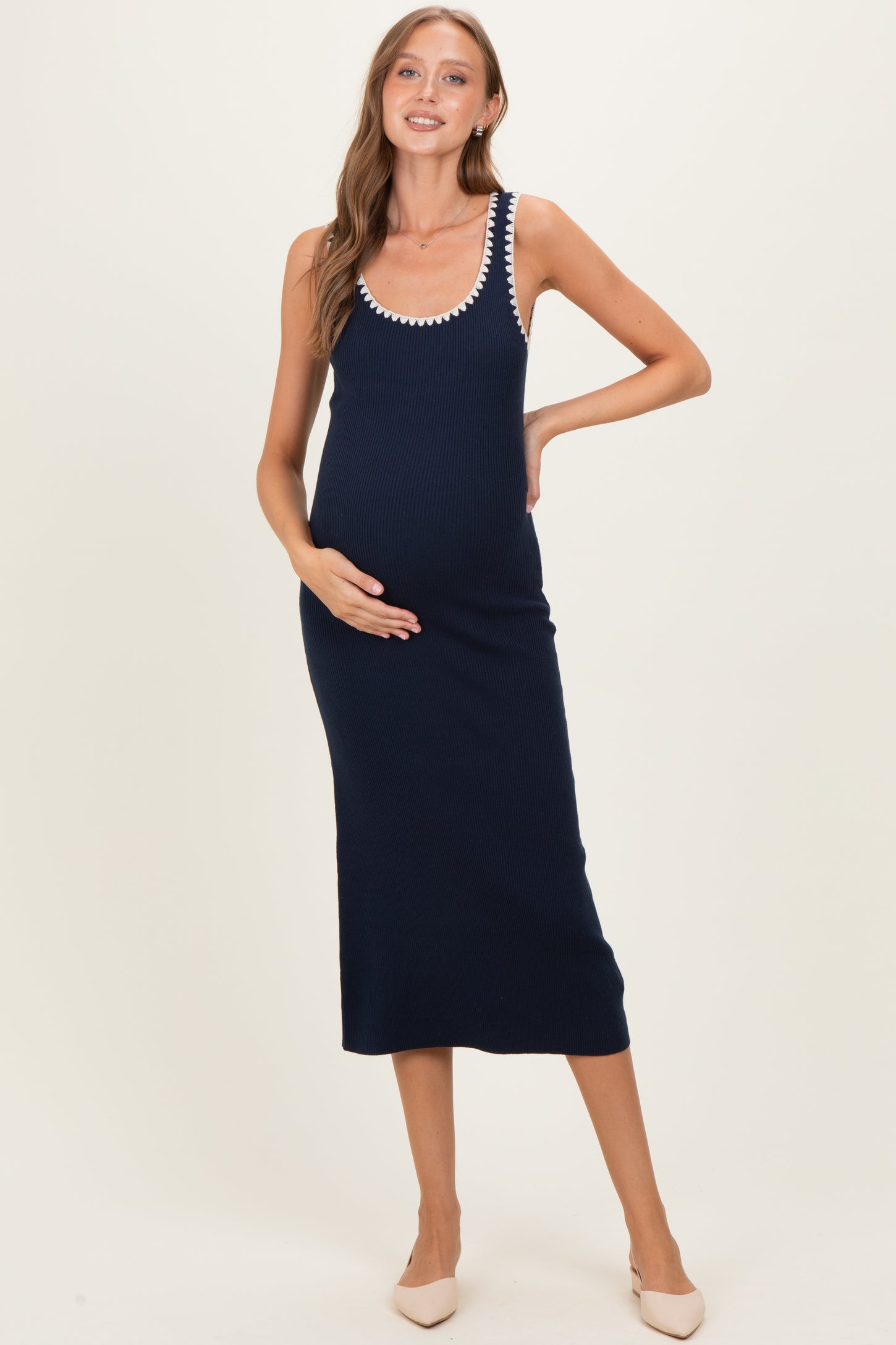 Navy Contrast Stitch Detail Ribbed Maternity Sweater Dress